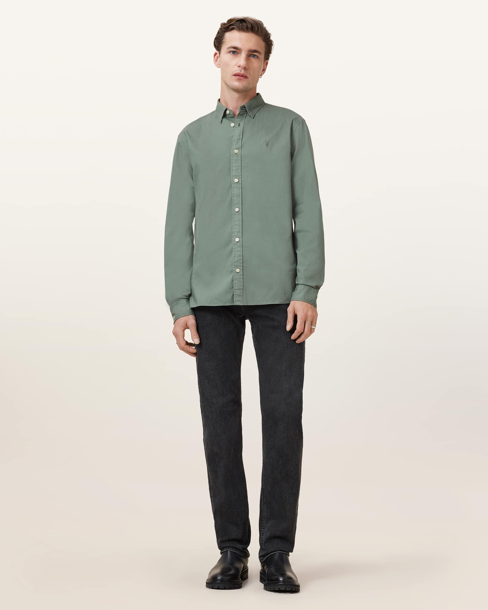 All Saints Hawthorne Ramskull Stretch Fit Shirt Smokey Green