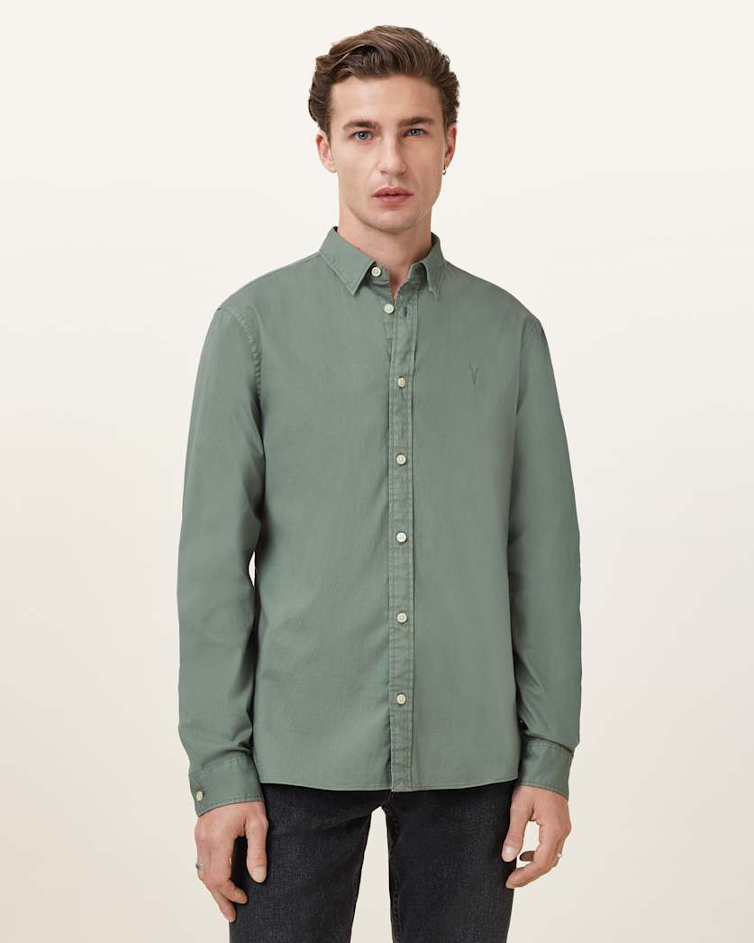 all saints Hawthorne Ramskull Stretch Fit Shirt Smokey Green