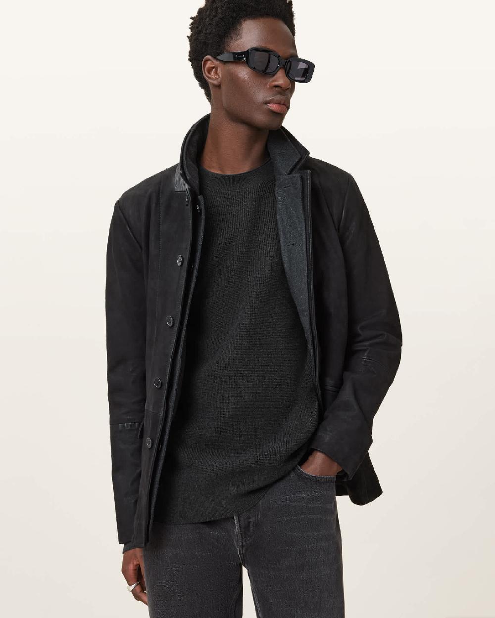 All Saints Hayes Waffle Crew Neck Sweater Cinder Black