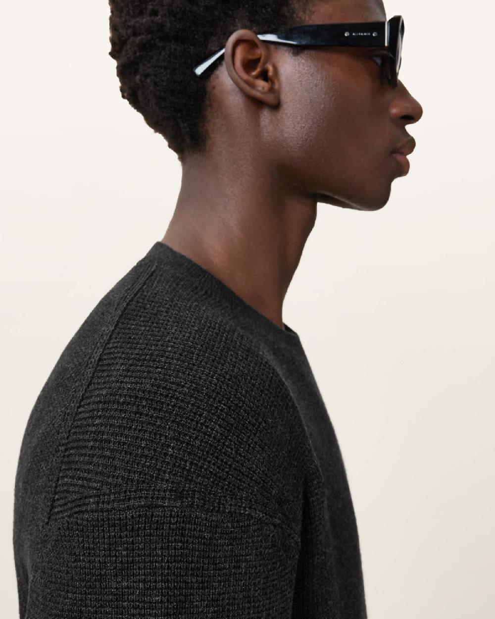 All Saints Hayes Waffle Crew Neck Sweater Cinder Black