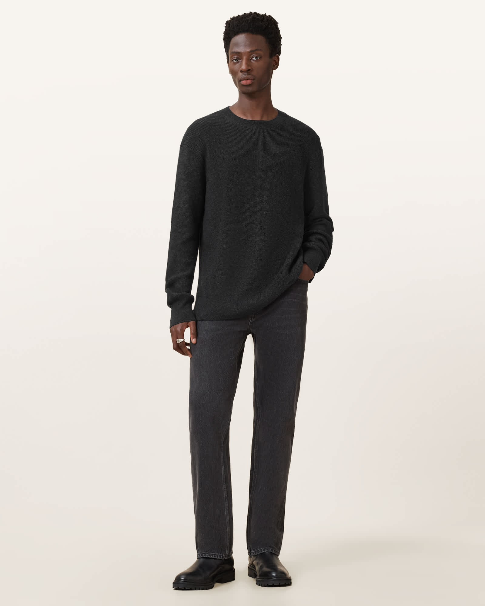 All Saints Hayes Waffle Crew Neck Sweater Cinder Black