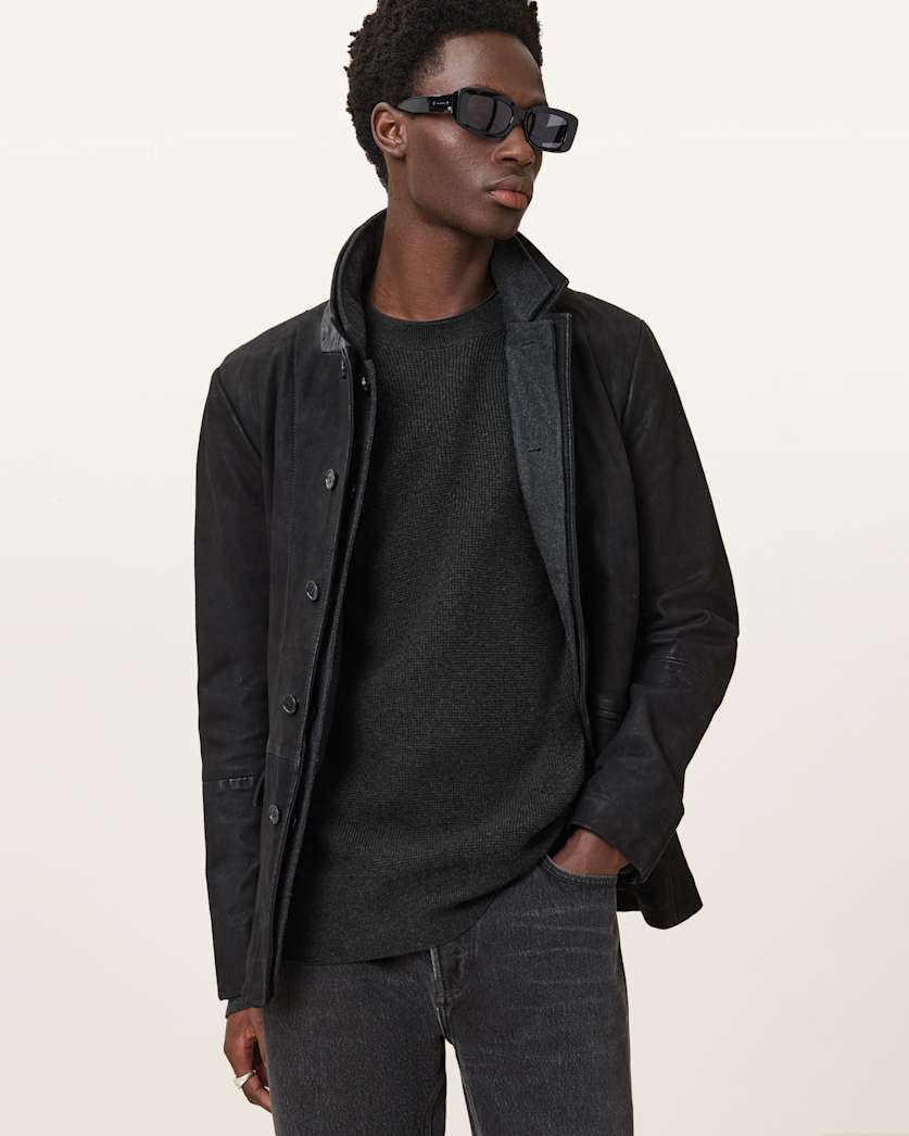 all saints Hayes Waffle Crew Neck Sweater Cinder Black