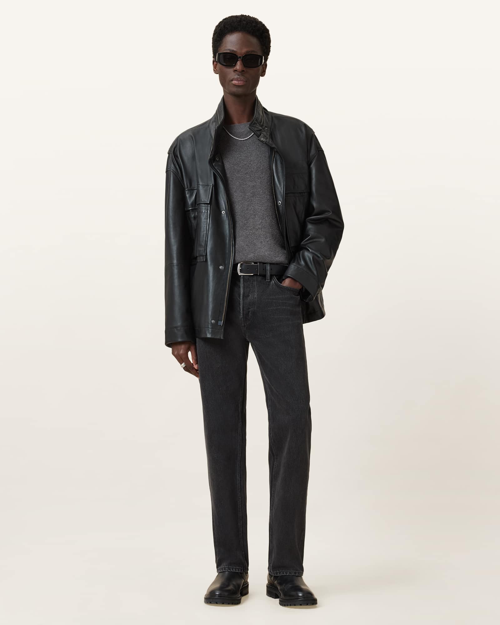 All Saints Hayes Waffle Crew Neck Sweater Monument Gray