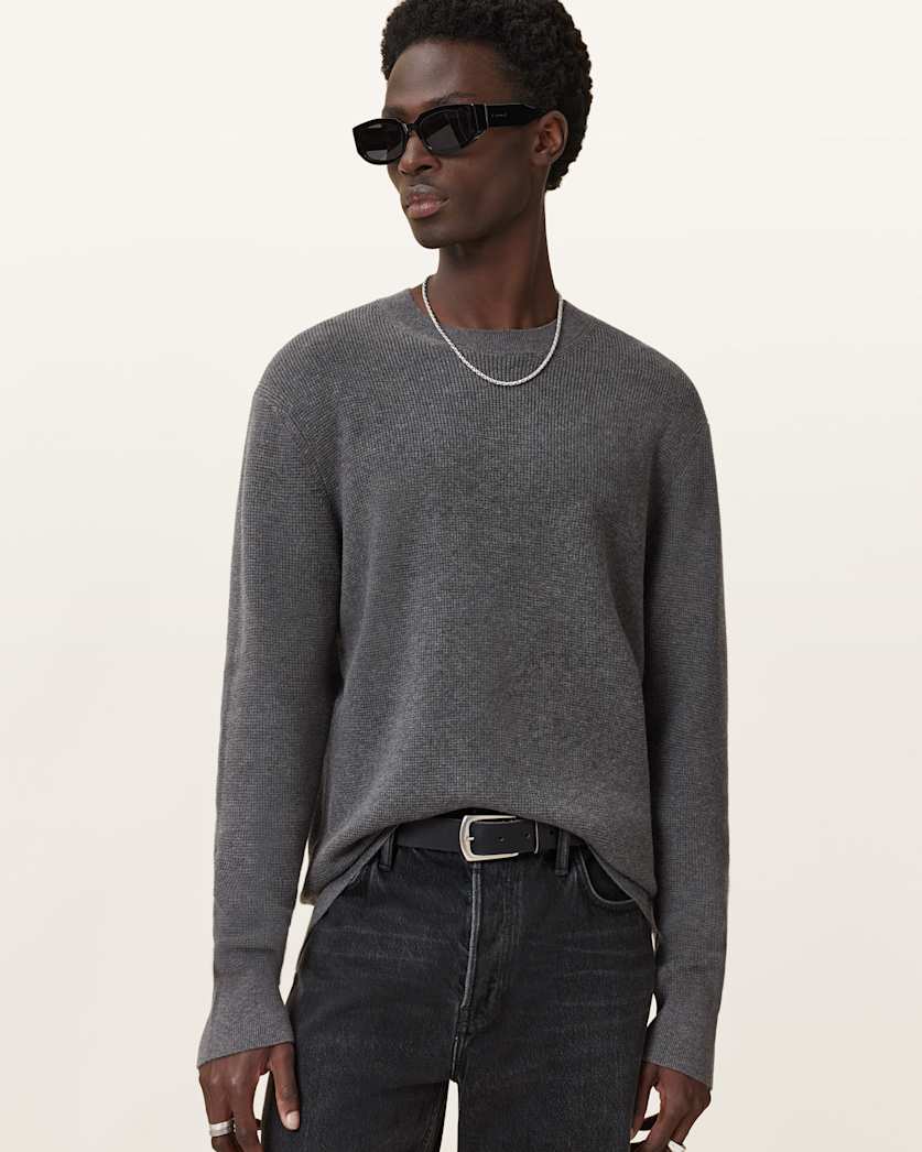 all saints Hayes Waffle Crew Neck Sweater Monument Gray
