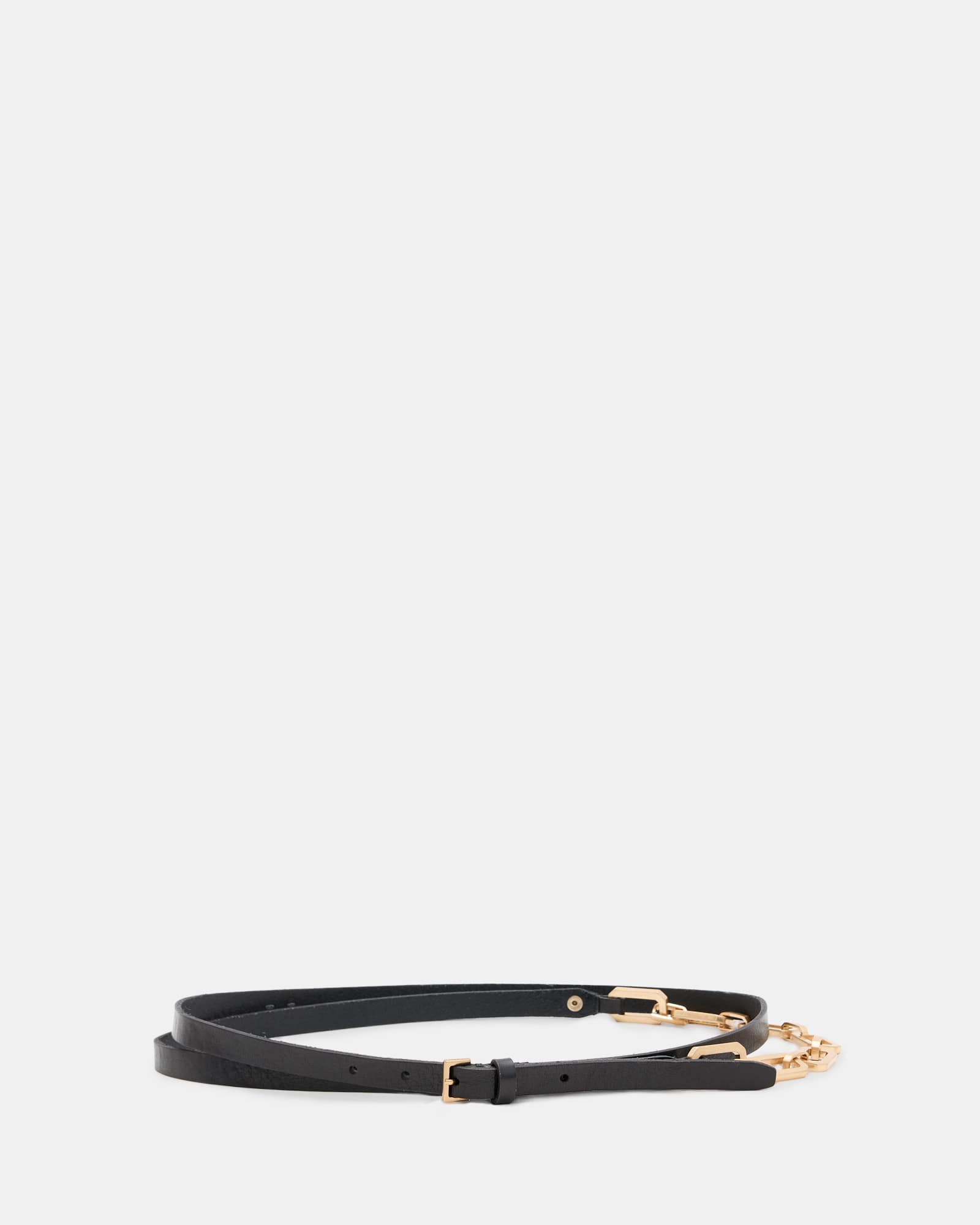 All Saints Helly Skinny Leather Chain Belt BLACK/WARM BRASS