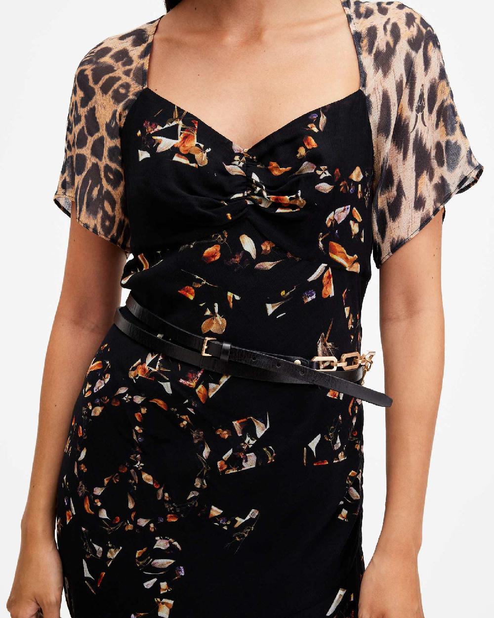 All Saints Helly Skinny Leather Chain Belt BLACK/WARM BRASS