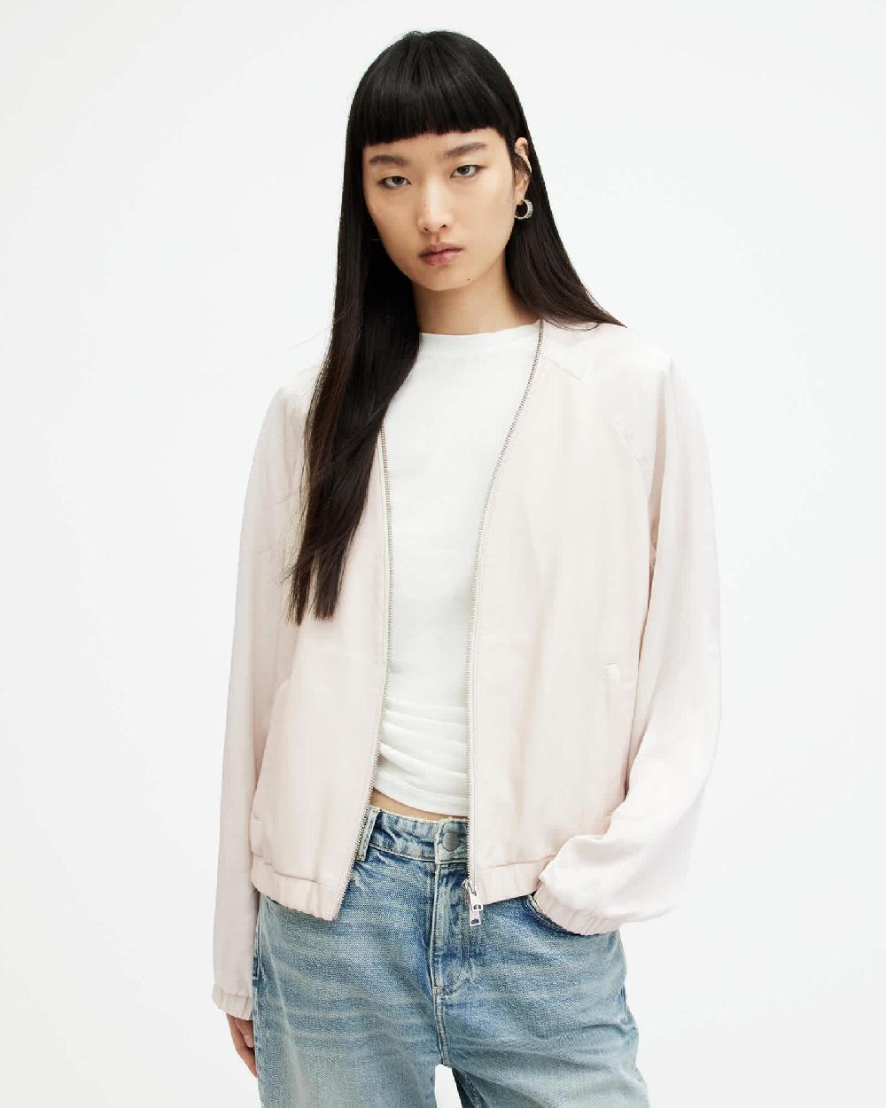 All Saints Helton Contrast Leather Bomber Jacket Off White
