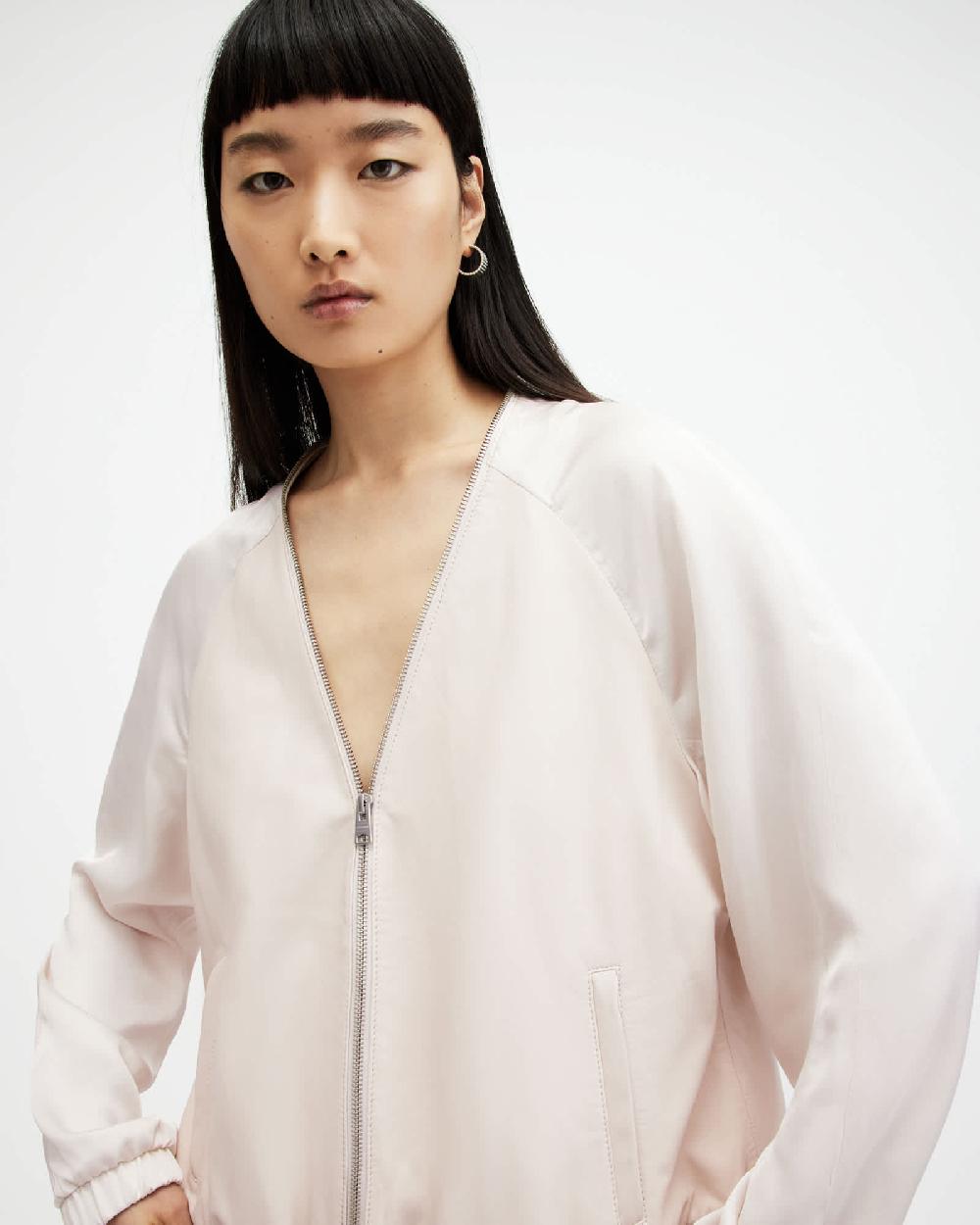 All Saints Helton Contrast Leather Bomber Jacket Off White