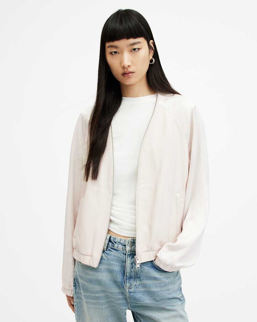 all saints Helton Contrast Leather Bomber Jacket Off White