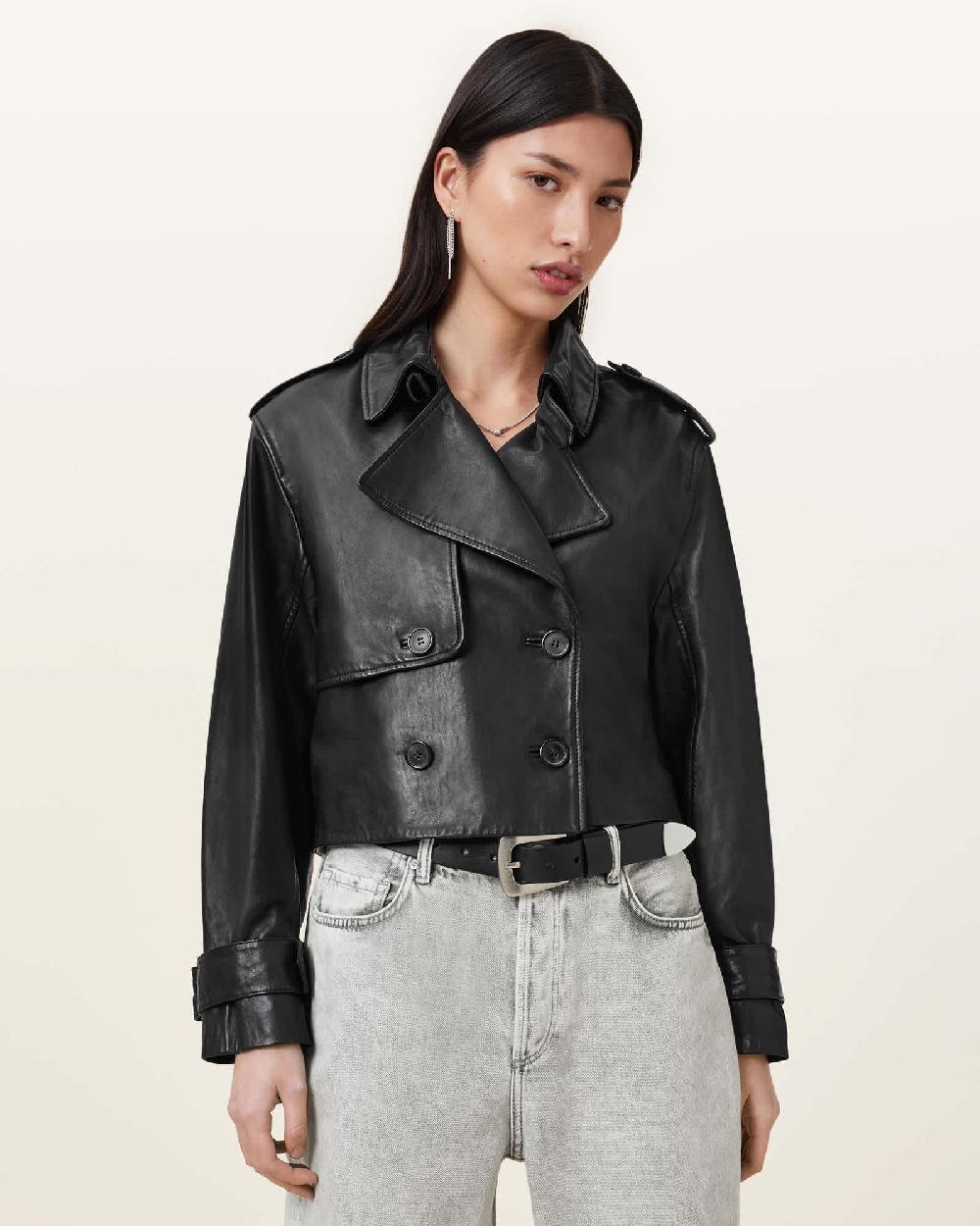 All Saints Hendry Cropped Leather Trench Coat Black