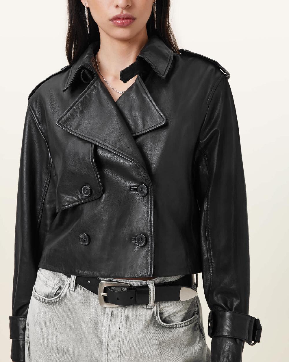 All Saints Hendry Cropped Leather Trench Coat Black