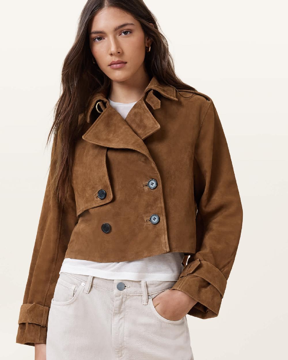 All Saints Hendry Cropped Suede Trench Coat Sugar Brown