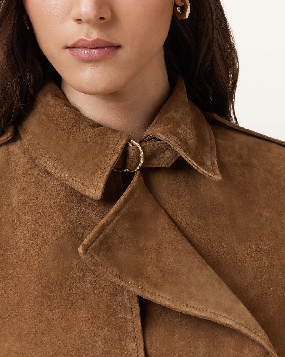 All Saints Hendry Cropped Suede Trench Coat Sugar Brown