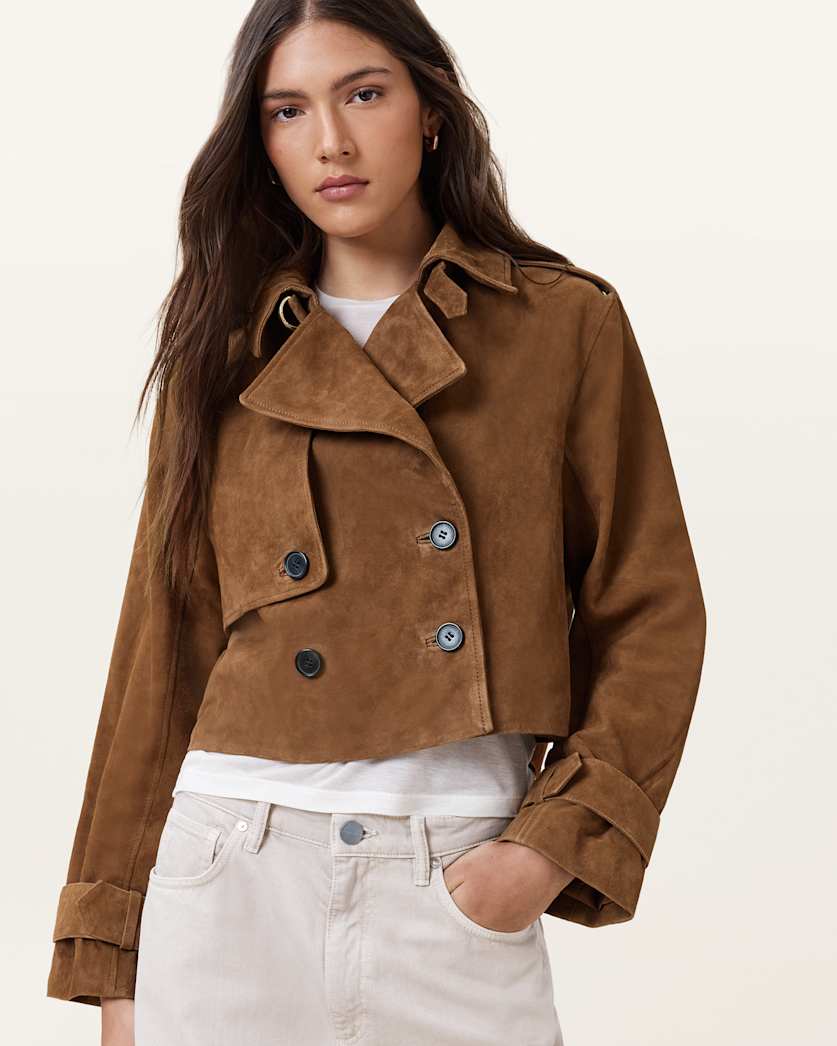 all saints Hendry Cropped Suede Trench Coat Sugar Brown