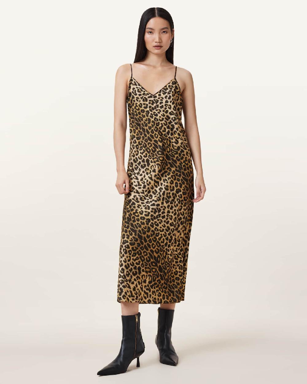 All Saints Hera Leopard Print 2-In-1 Midi Dress Black