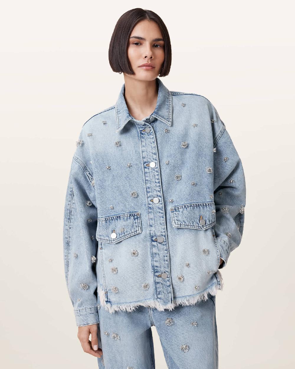 All Saints Hettie Embellished Oversized Denim Shacket Light Indigo