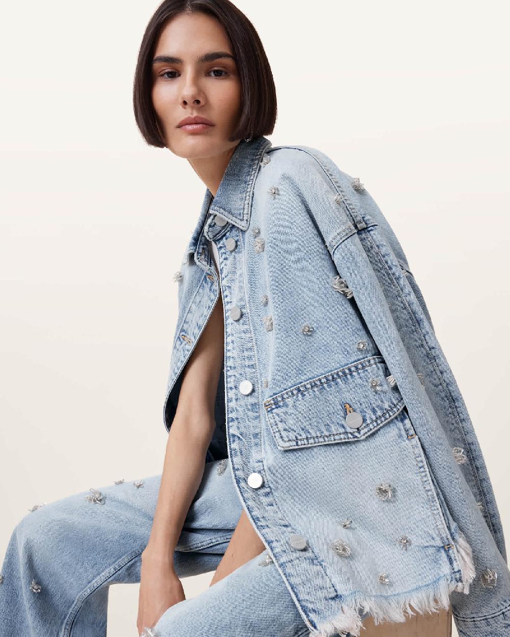 All Saints Hettie Embellished Oversized Denim Shacket Light Indigo