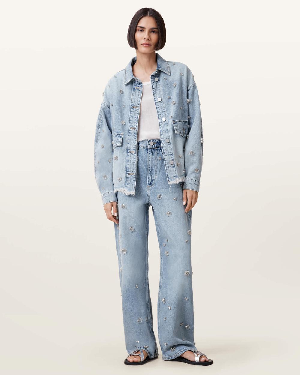 All Saints Hettie Embellished Oversized Denim Shacket Light Indigo