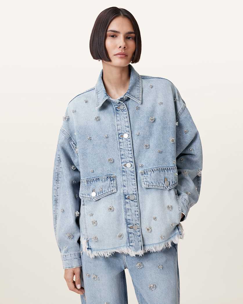 all saints Hettie Embellished Oversized Denim Shacket Light Indigo