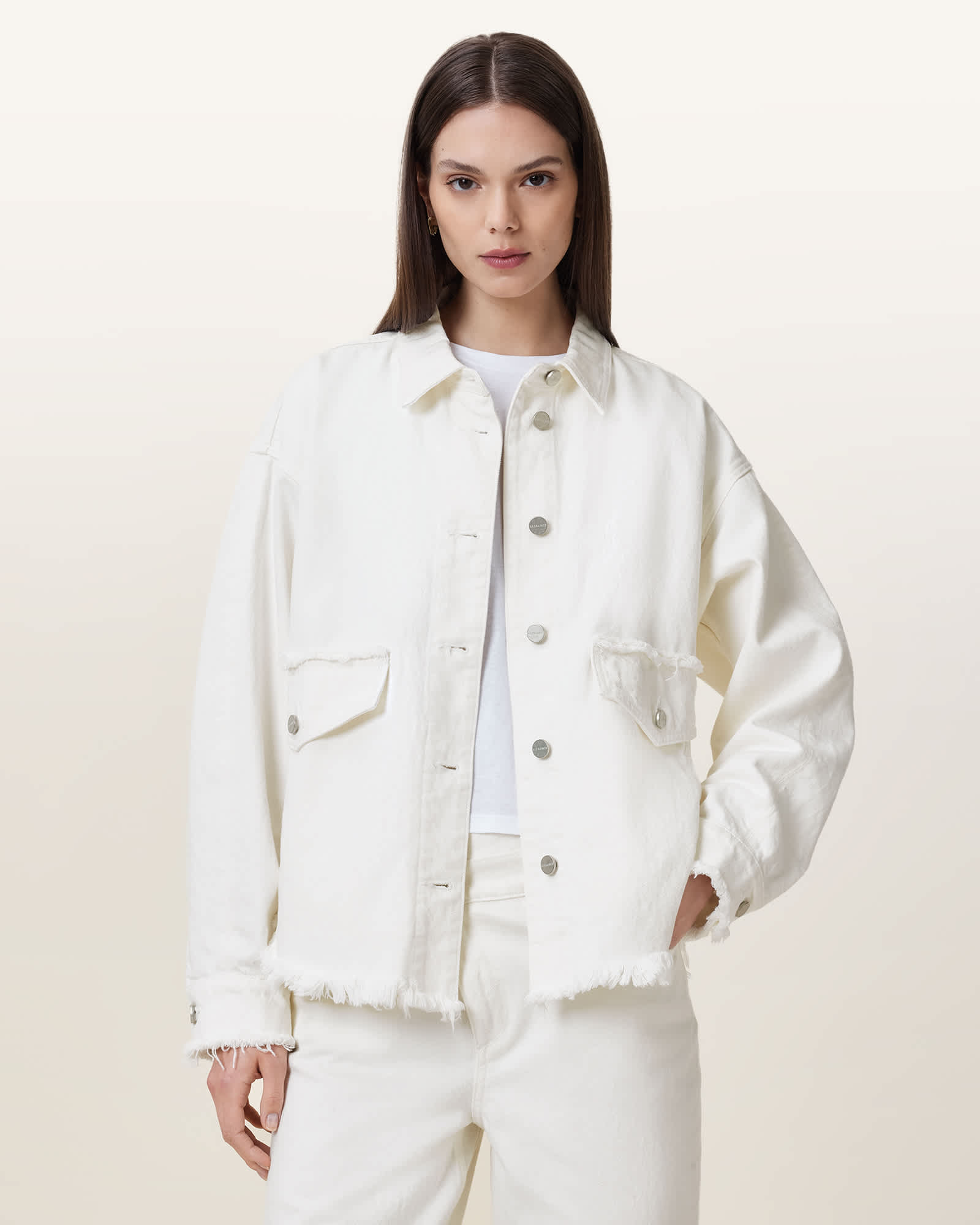 All Saints Hettie Frayed Oversized Cotton Shacket Off White