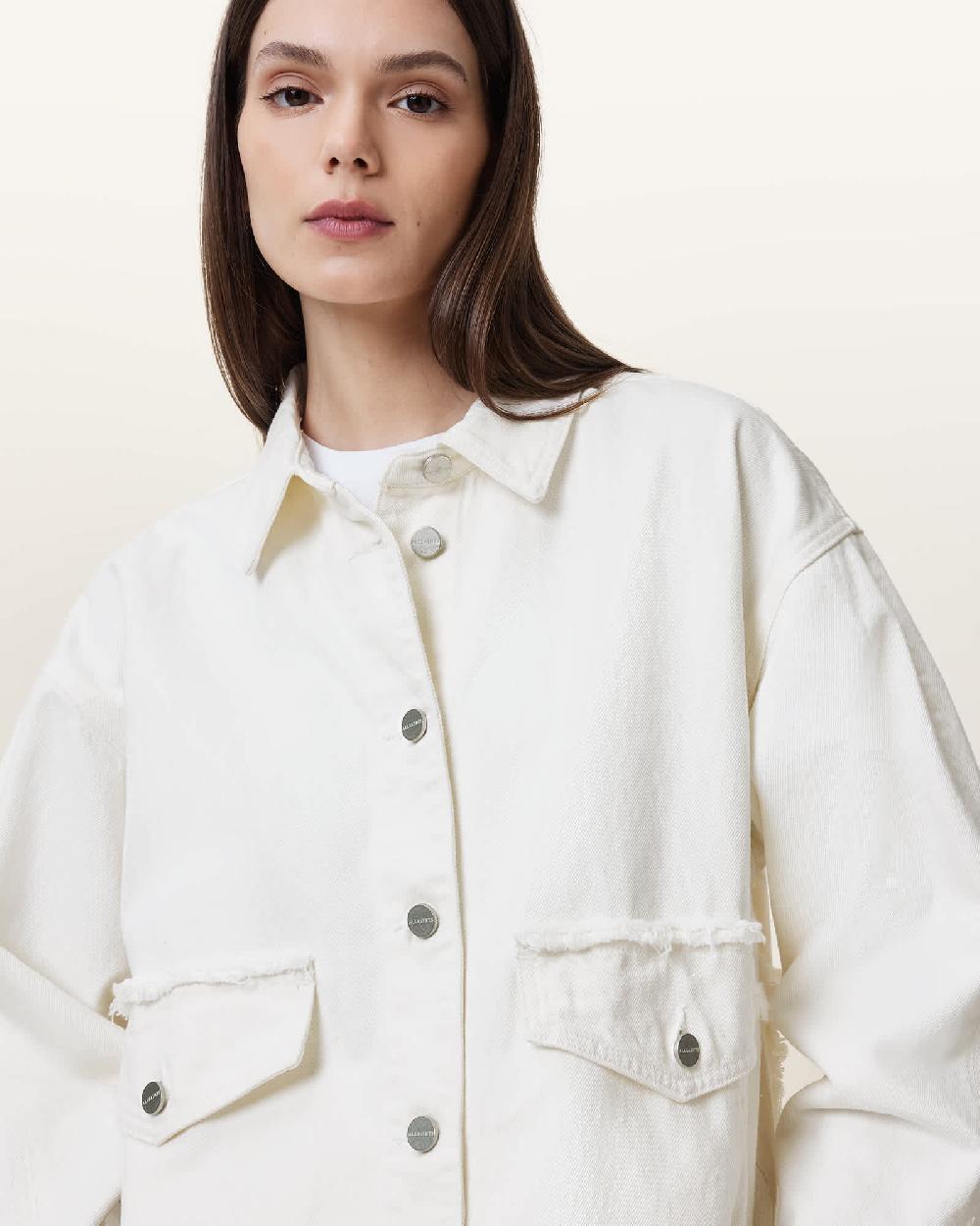 All Saints Hettie Frayed Oversized Cotton Shacket Off White
