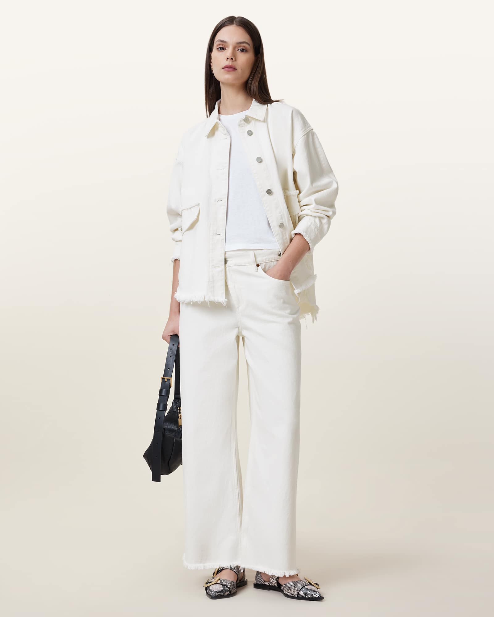 All Saints Hettie Frayed Oversized Cotton Shacket Off White