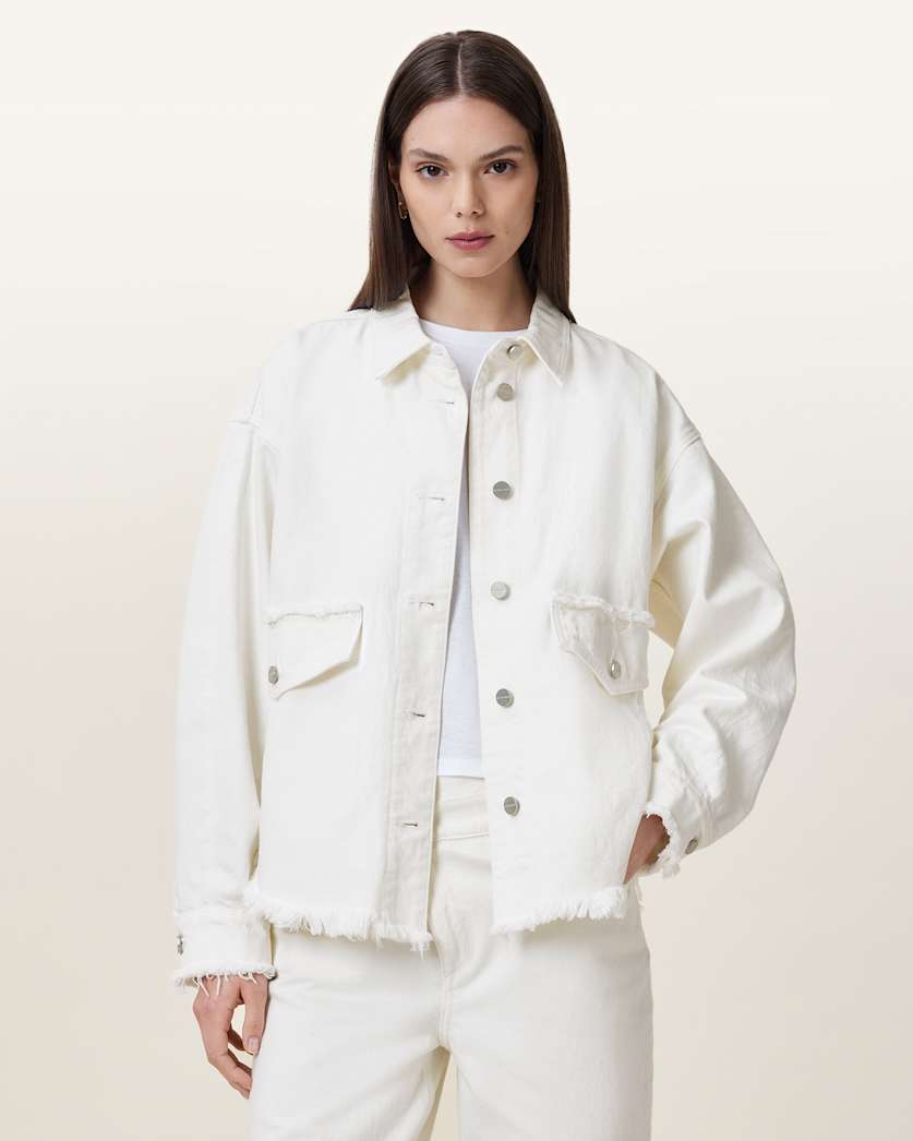 all saints Hettie Frayed Oversized Cotton Shacket Off White