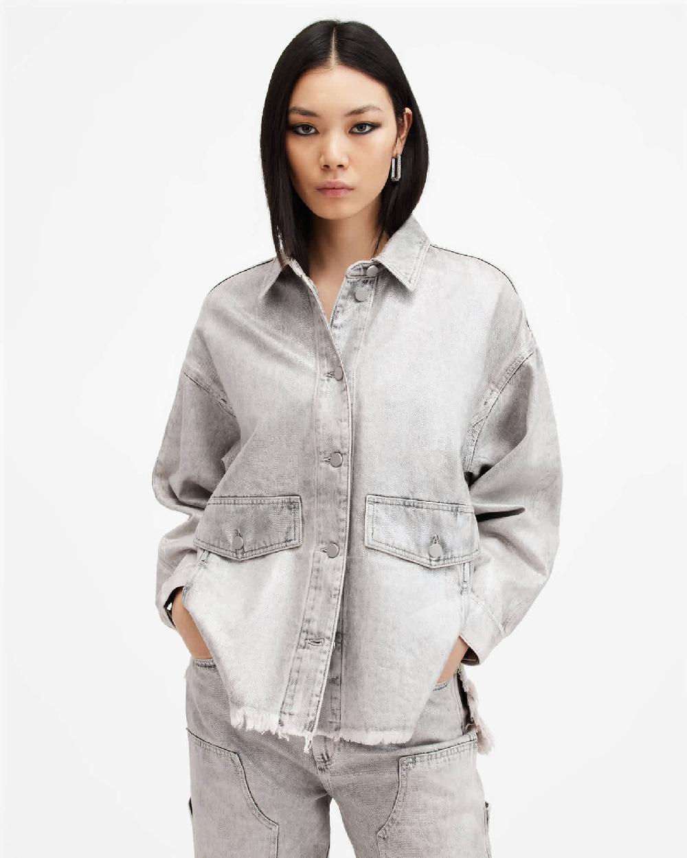All Saints Hettie Oversized Denim Shacket Coated Silver