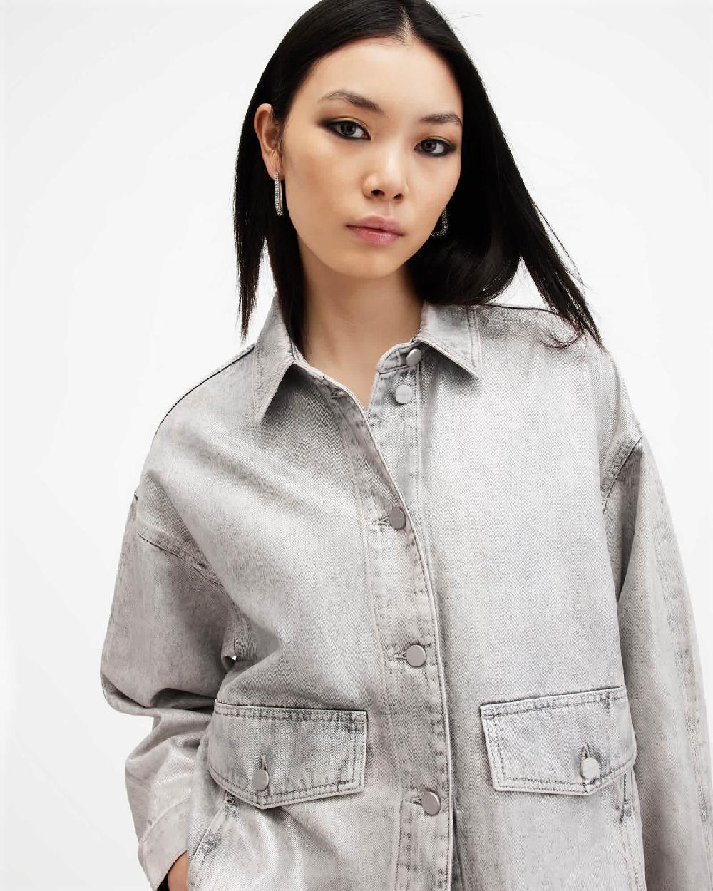 All Saints Hettie Oversized Denim Shacket Coated Silver