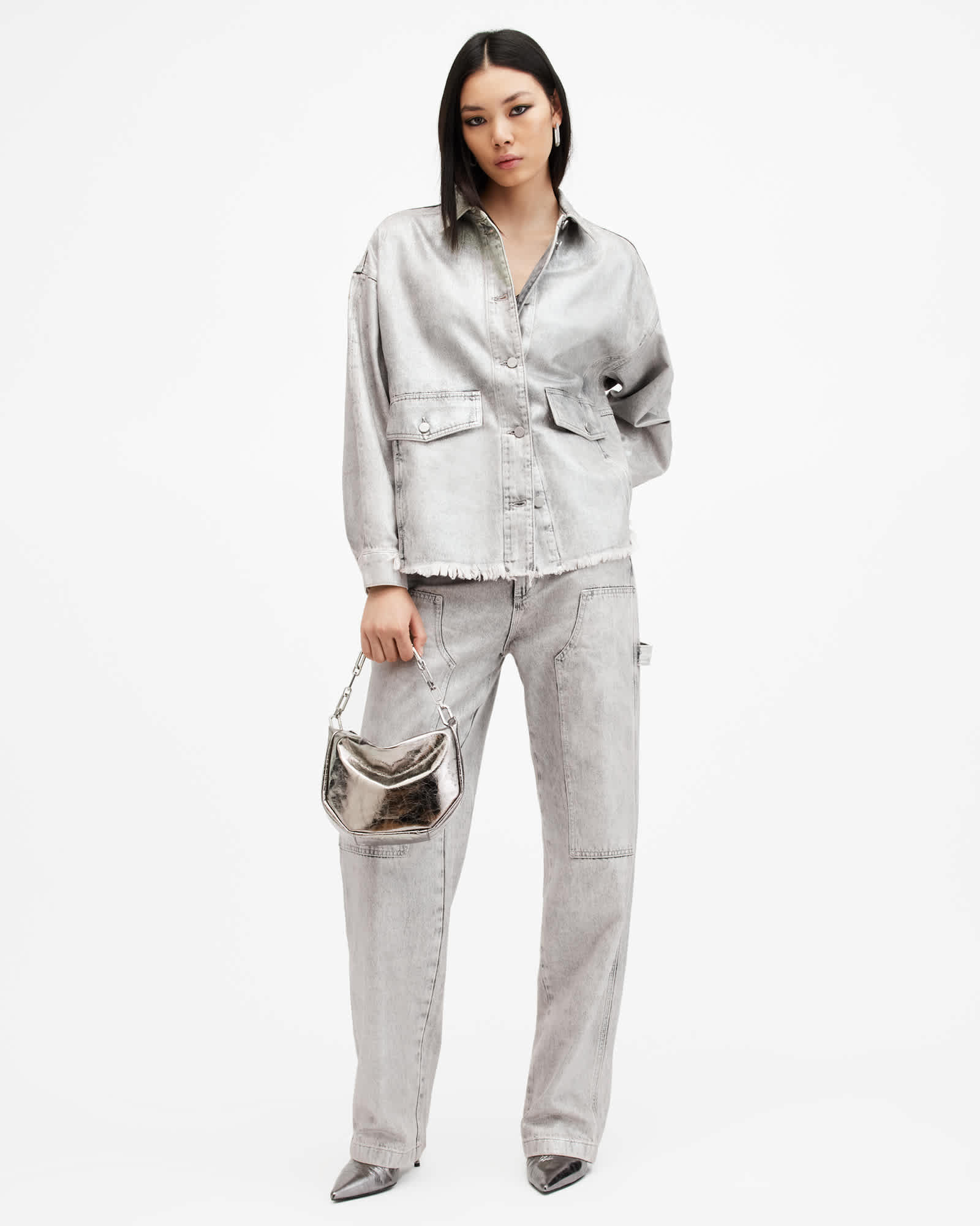 All Saints Hettie Oversized Denim Shacket Coated Silver