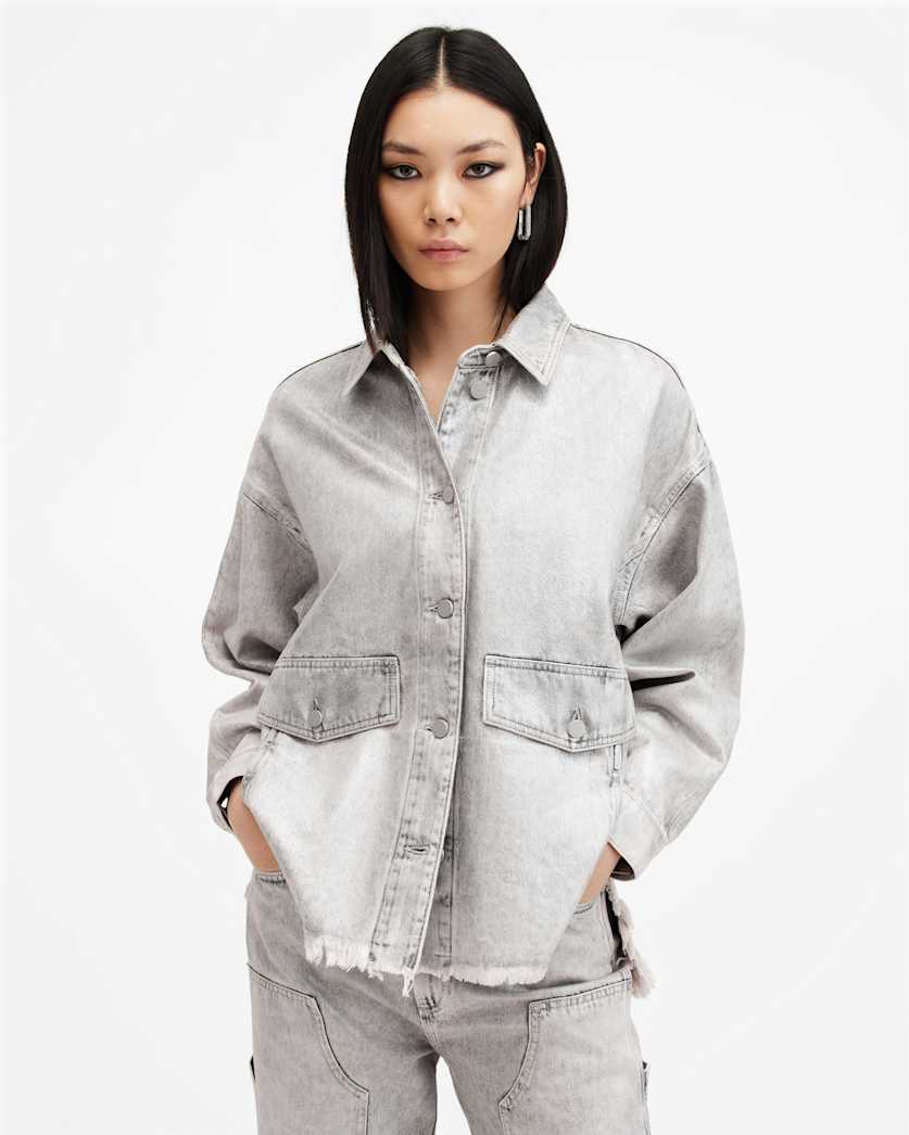 all saints Hettie Oversized Denim Shacket Coated Silver