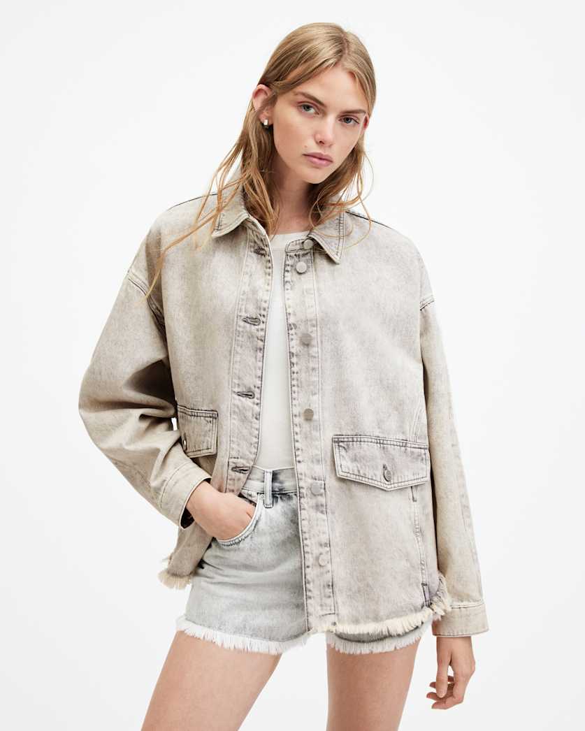 all saints Hettie Oversized Denim Shacket Snow Grey