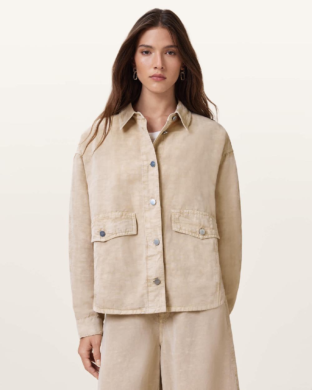 All Saints Hettie Oversized Linen Blend Shacket Sand Brown
