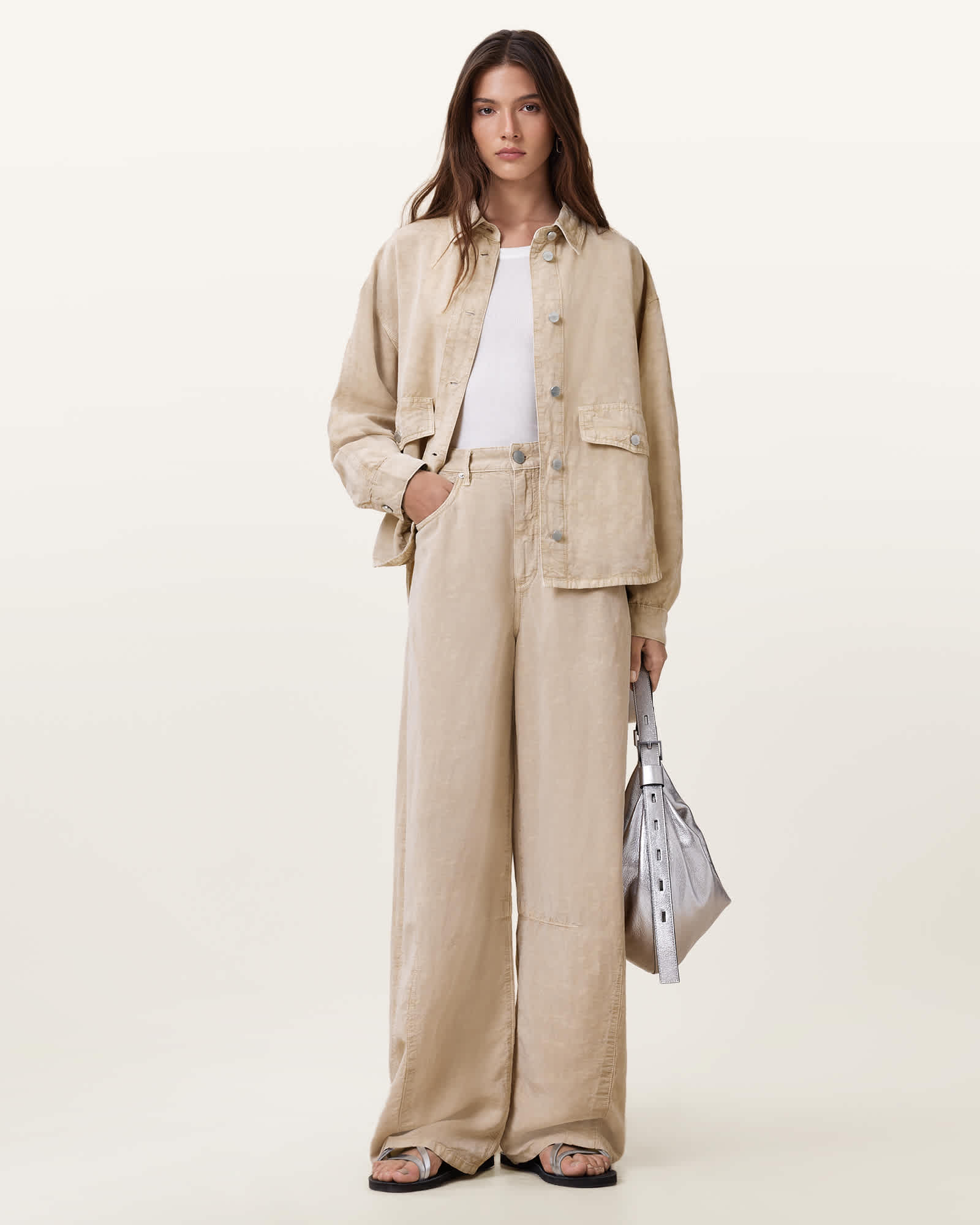All Saints Hettie Oversized Linen Blend Shacket Sand Brown