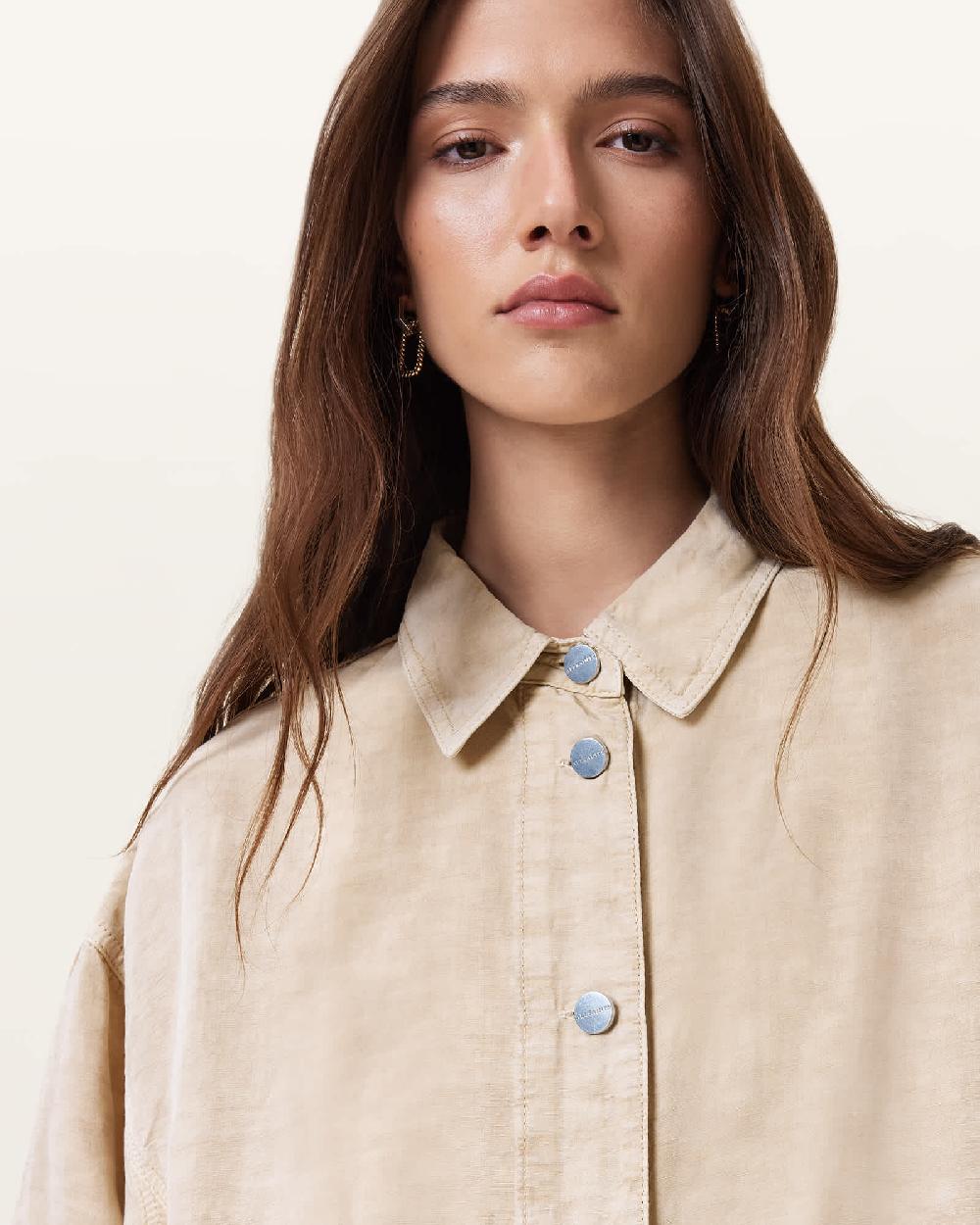 All Saints Hettie Oversized Linen Blend Shacket Sand Brown