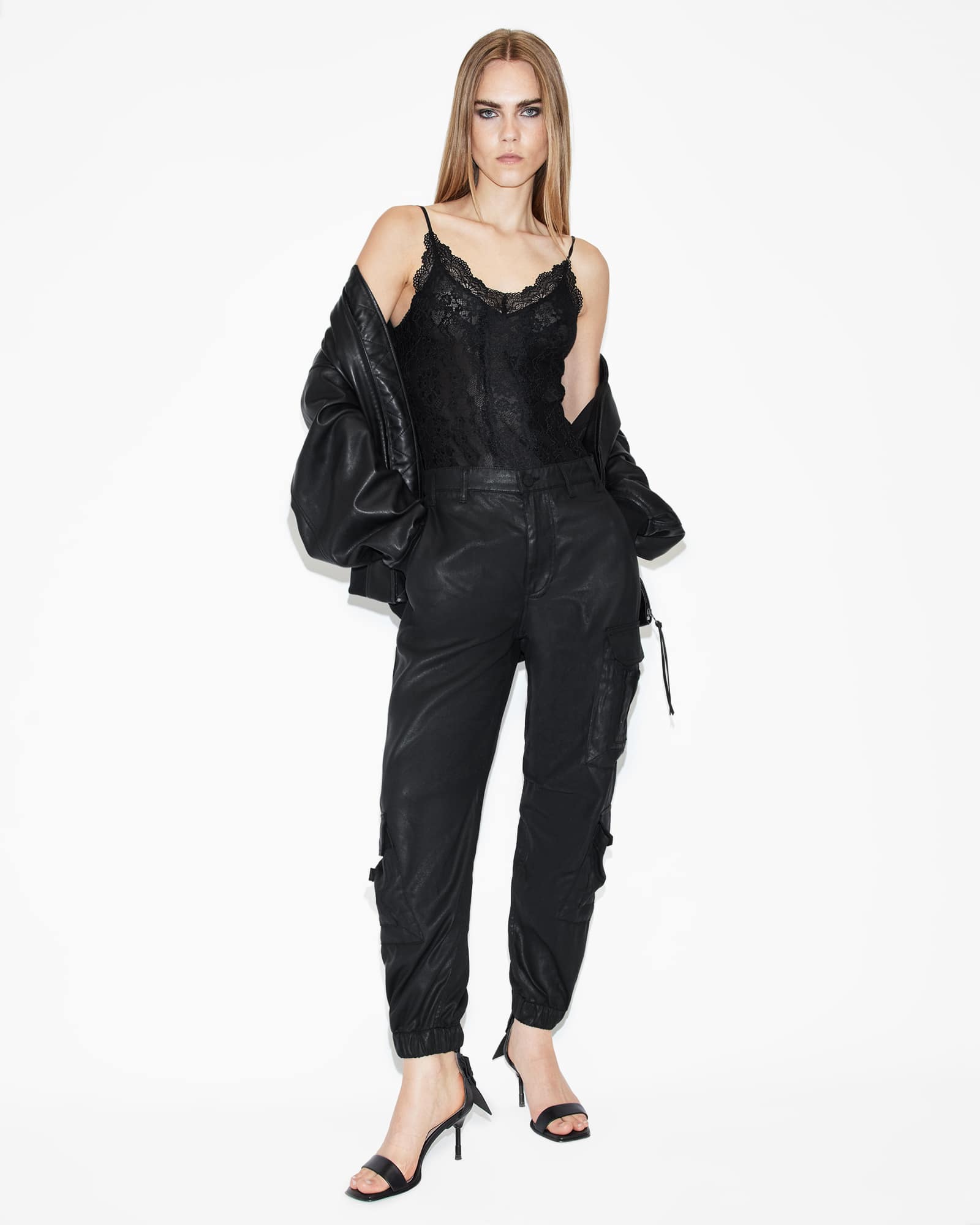 All Saints Himari Coated Relaxed Fit Cargo Pants Coated Black