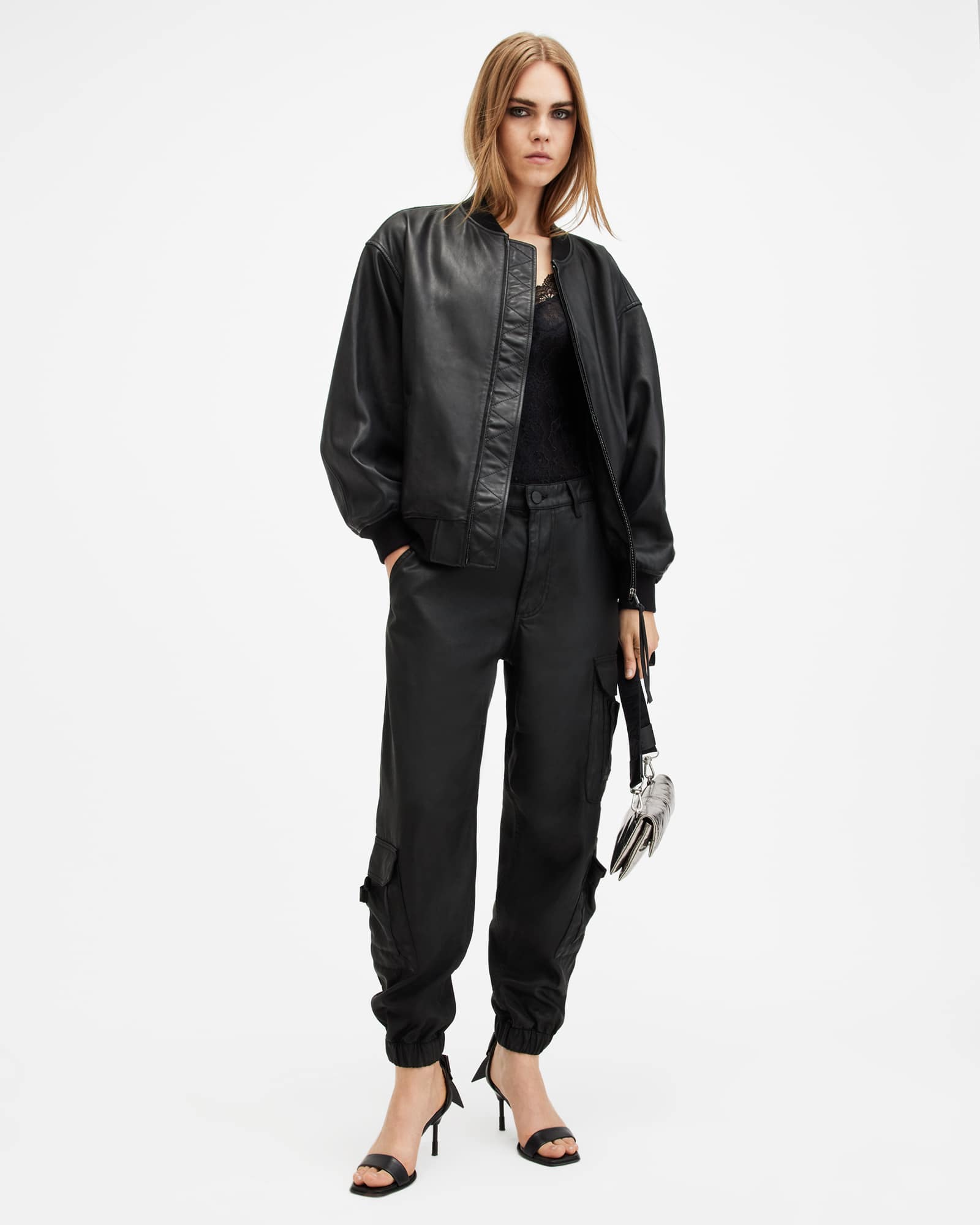 All Saints Himari Coated Relaxed Fit Cargo Pants Coated Black