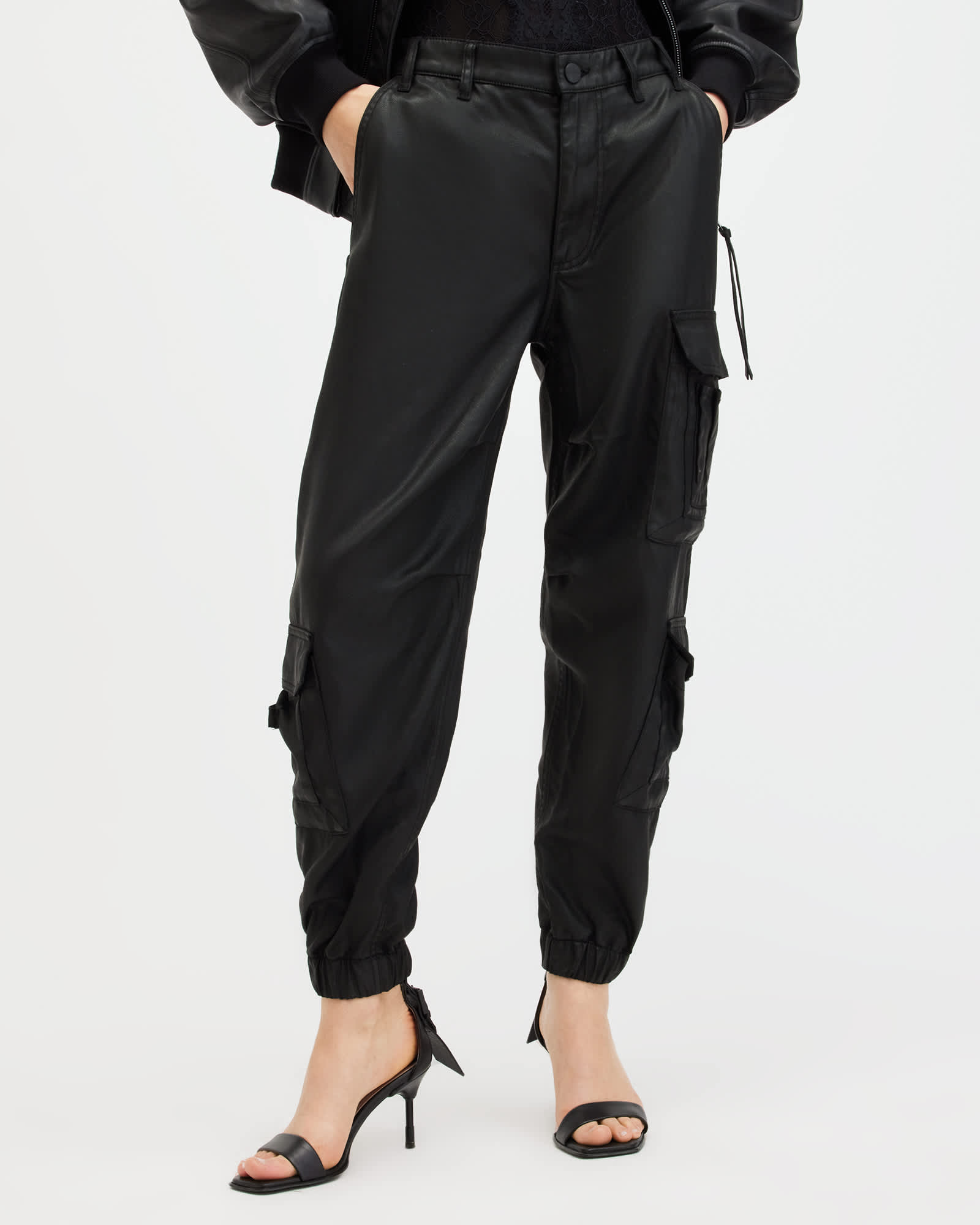 All Saints Himari Coated Relaxed Fit Cargo Pants Coated Black