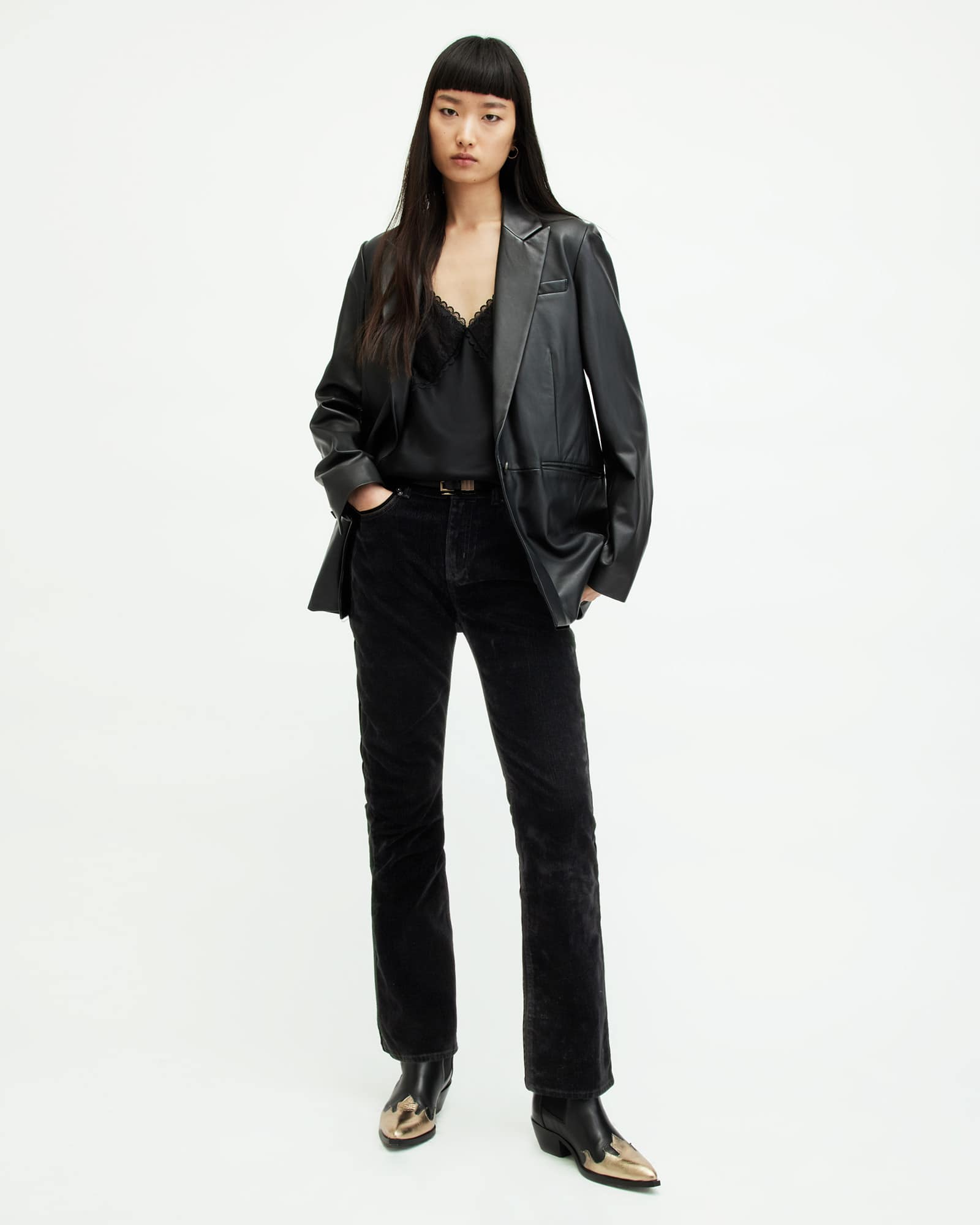 All Saints Hollis Slim Flocked Denim Bootcut Jeans Black