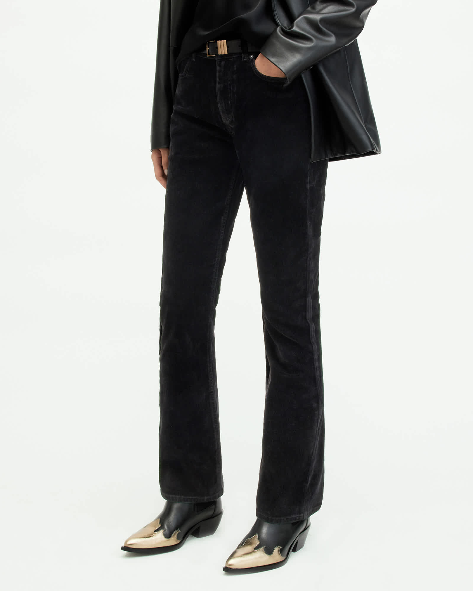 All Saints Hollis Slim Flocked Denim Bootcut Jeans Black