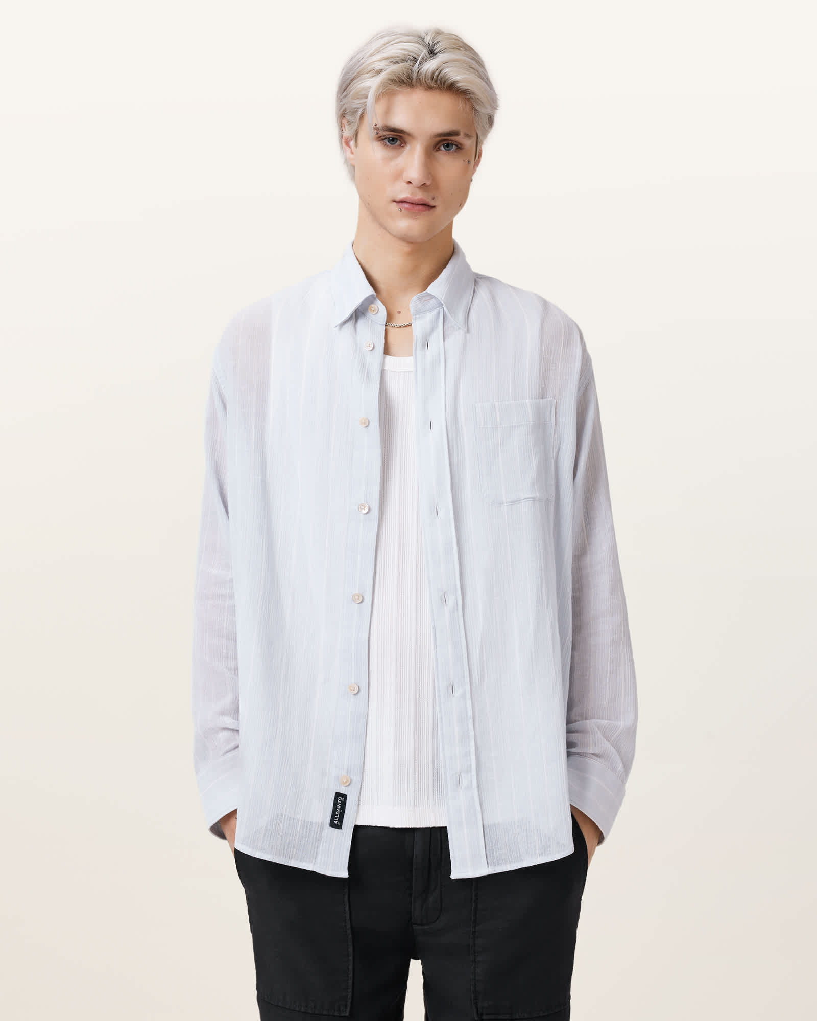 All Saints Holme Long Sleeve Oversized Shirt Willow Blue