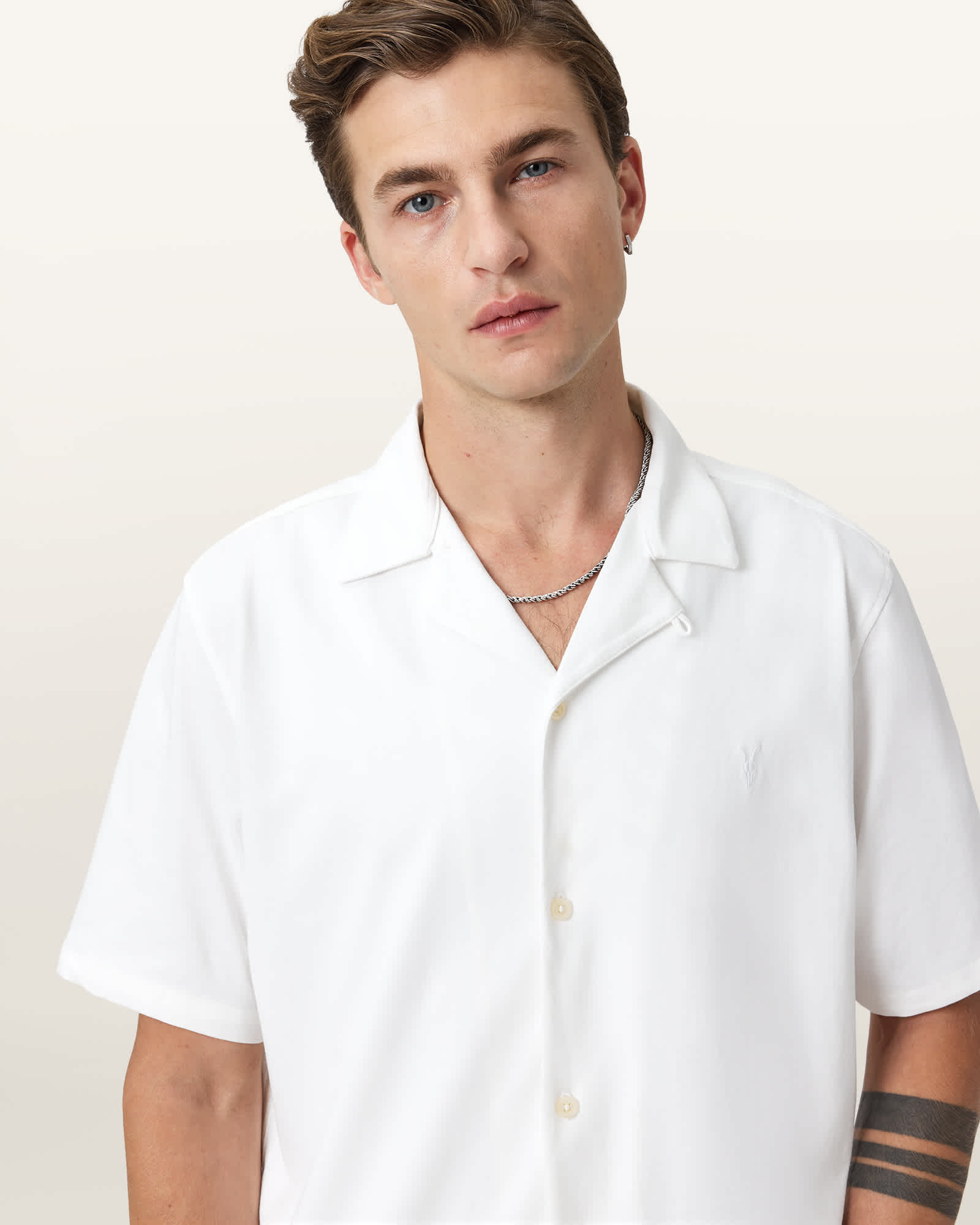 All Saints Hudson Relaxed Fit Ramskull Shirt Cliff White