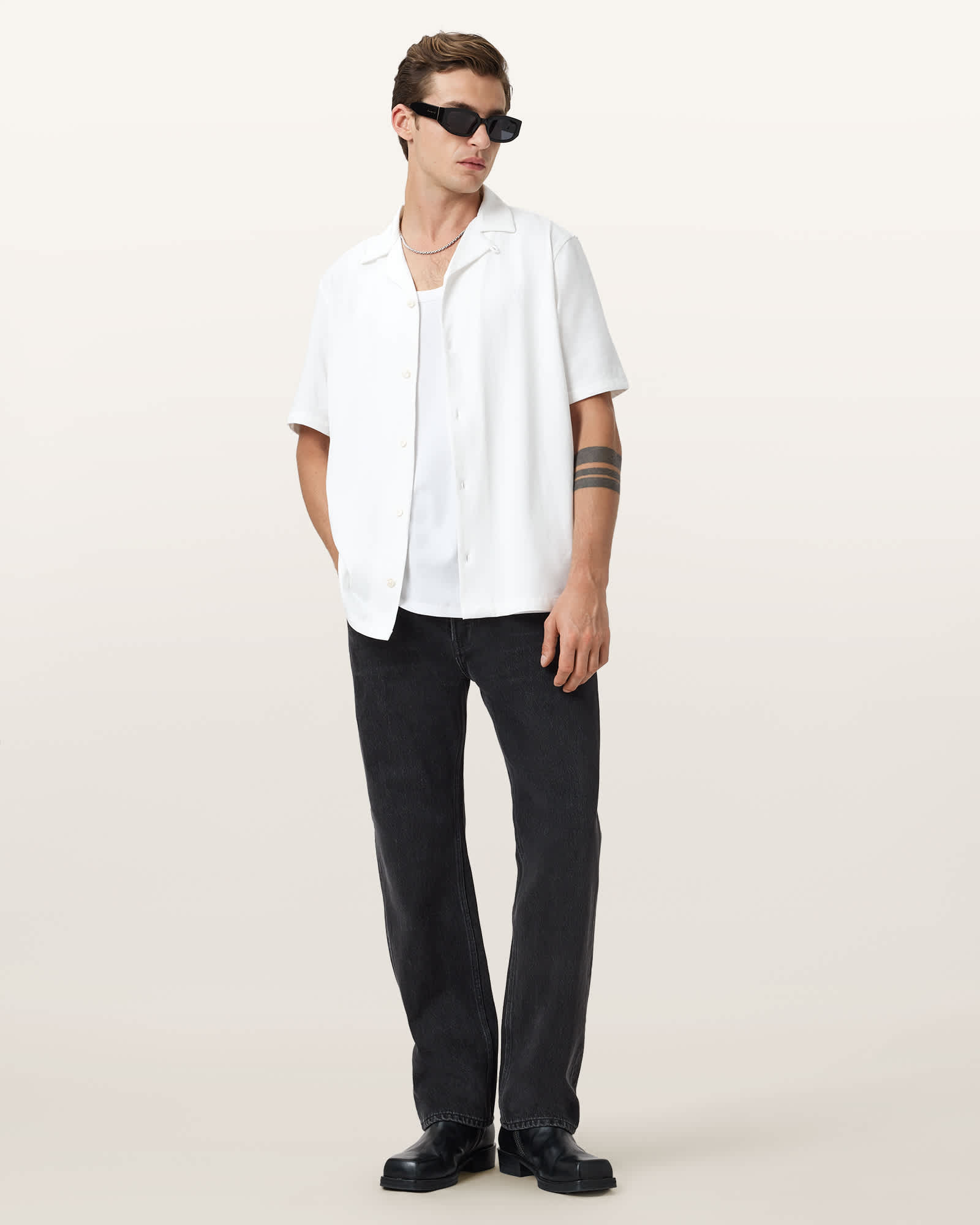 All Saints Hudson Relaxed Fit Ramskull Shirt Cliff White