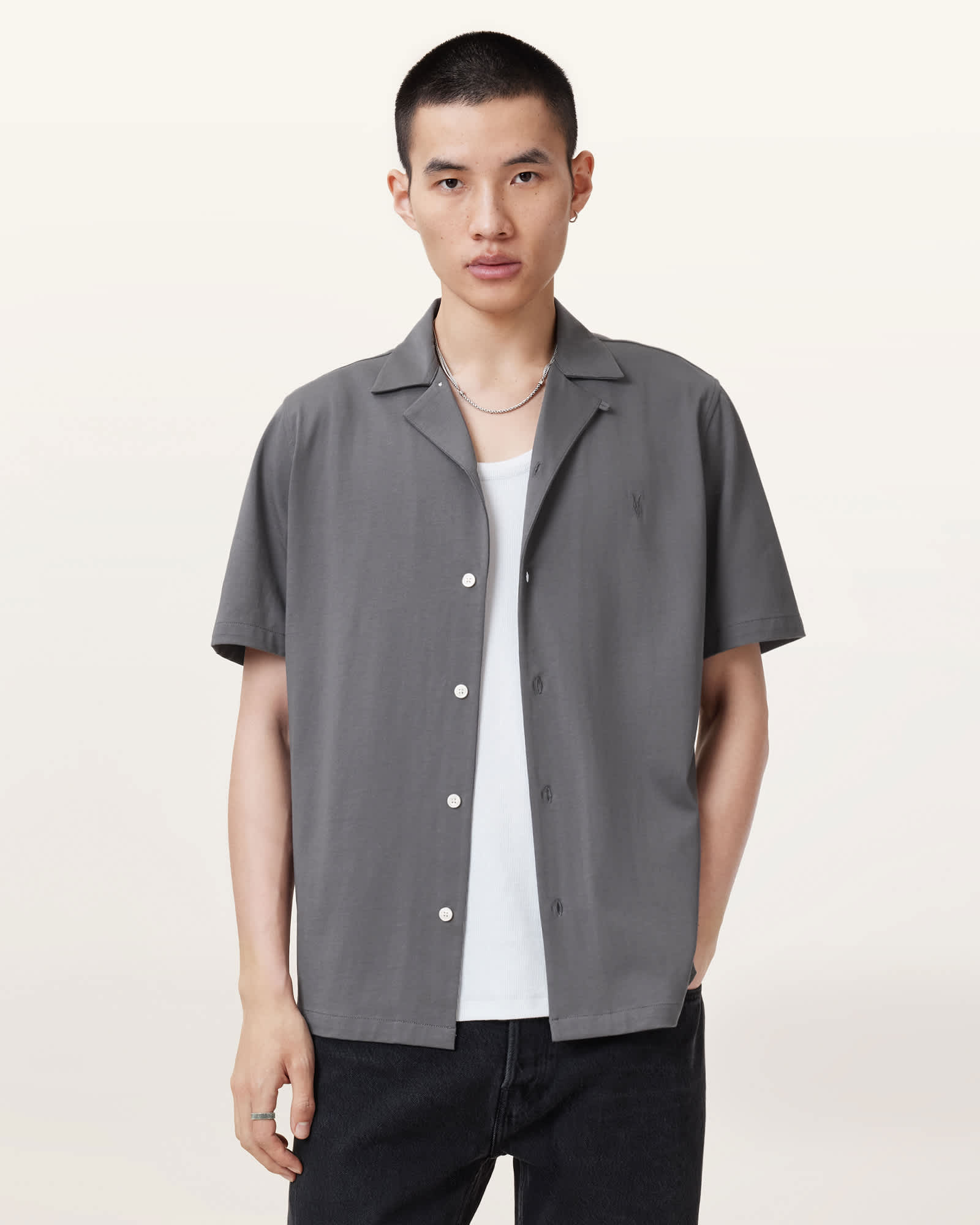 All Saints Hudson Relaxed Fit Ramskull Shirt Iron Grey