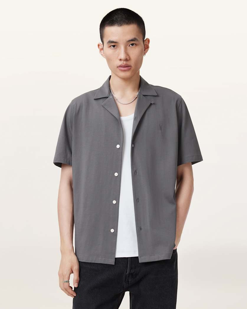 all saints Hudson Relaxed Fit Ramskull Shirt Iron Grey