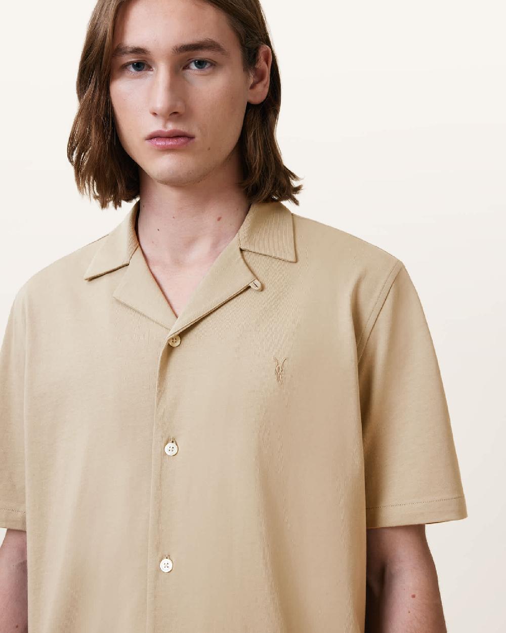 All Saints Hudson Relaxed Fit Ramskull Shirt Pebble Brown