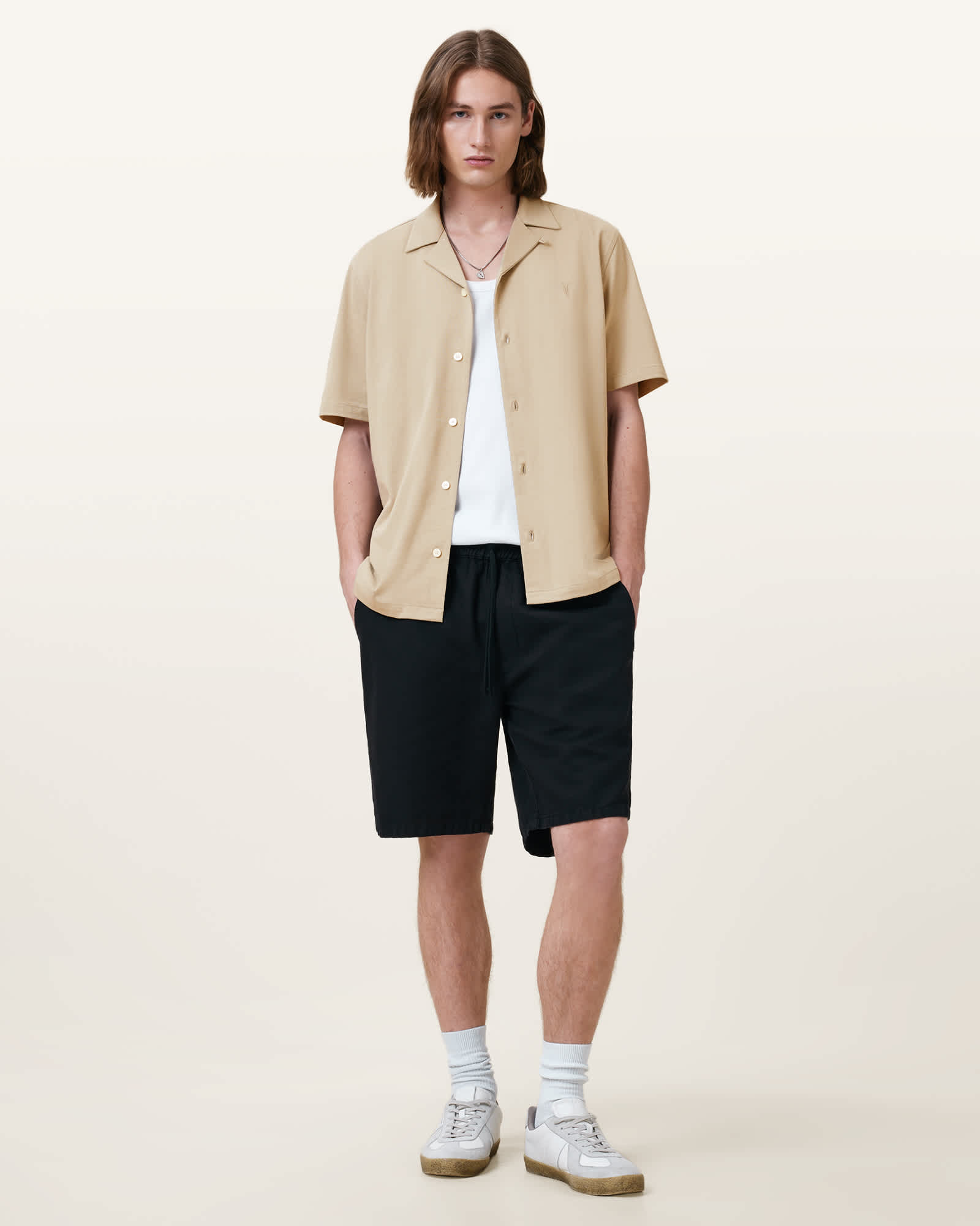 All Saints Hudson Relaxed Fit Ramskull Shirt Pebble Brown
