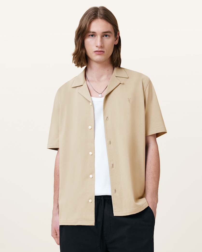 all saints Hudson Relaxed Fit Ramskull Shirt Pebble Brown