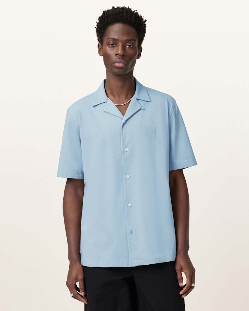 all saints Hudson Relaxed Fit Ramskull Shirt Static Blue