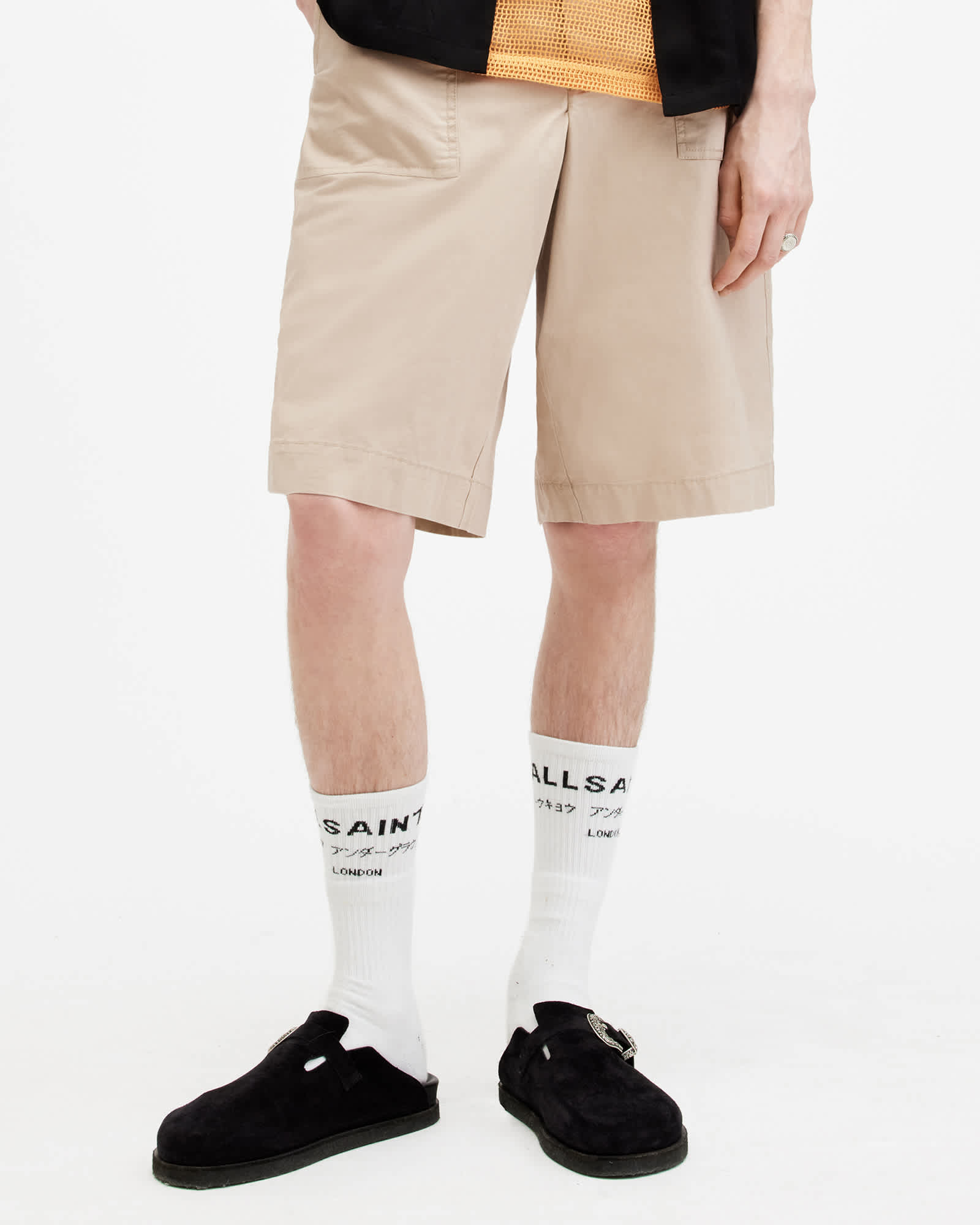 All Saints Hunt Long Relaxed Fit Shorts Light Stone